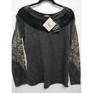 Harley Davidson Skull Rose Tattoo Long Sleeve Top Lace Detail Women's Size Med